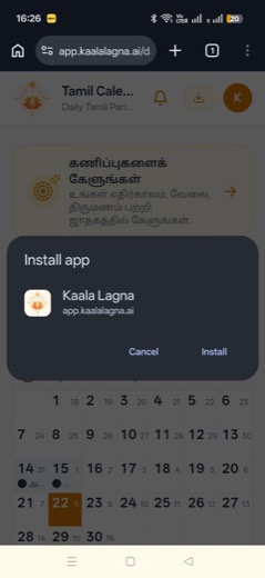 Chrome's native Install app dialog showing Kaala Lagna