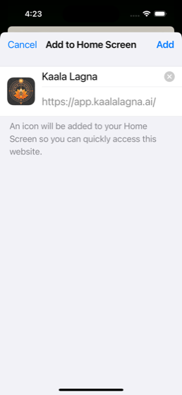 iOS Add to Home Screen confirmation dialog for Kaala Lagna